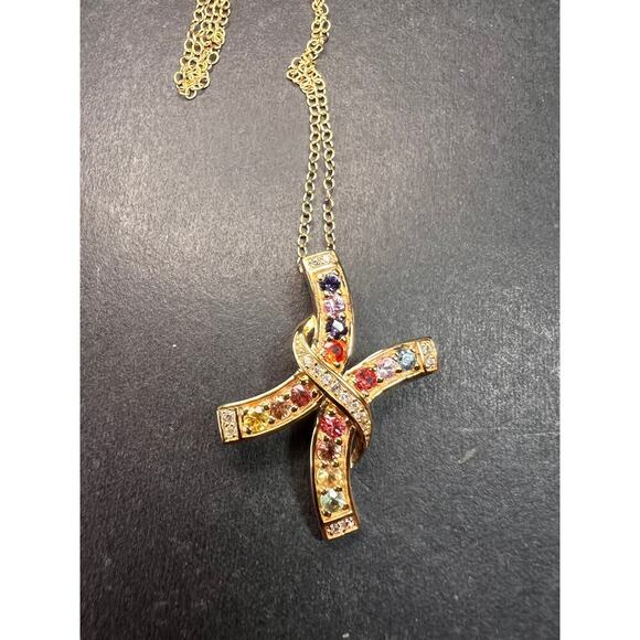 NEW Rainbow sapphire curved cross pendant and chain in gold over sterling silver - Picture 13 of 13